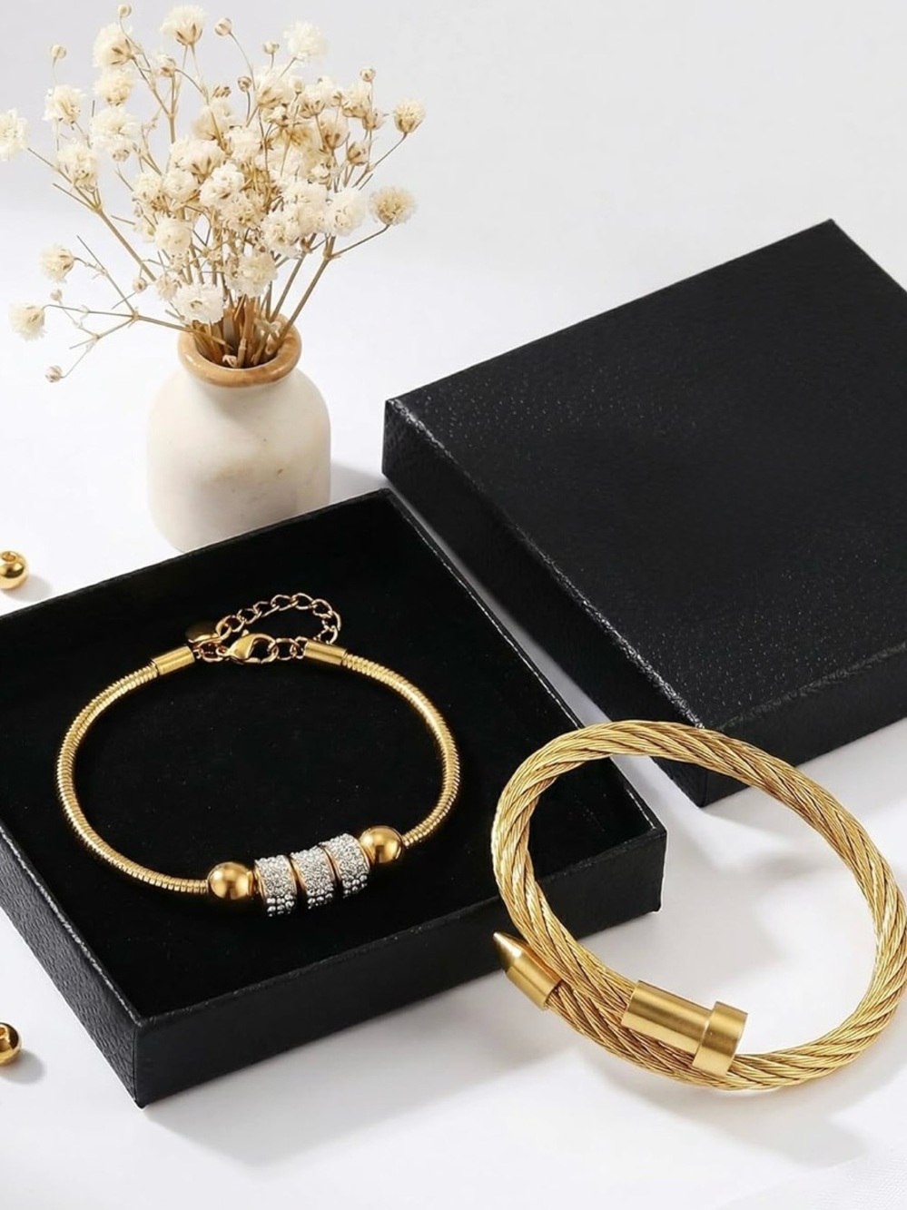 Luxury Gold Bracelet Set | Twisted Cable Cuff & Crystal Stack Bracelets